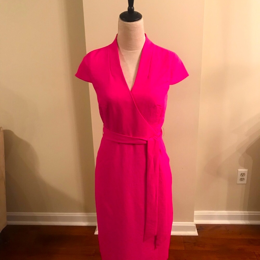 J. Crew Belted Faux Wrap Triple Dobby Dress, Hot Pink, Size 4, NWT.